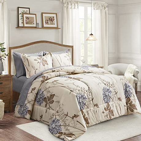 Joyreap 7 Piece Bed in a Bag California King, Flower Botanical Smooth Soft Microfiber Floral Comforter Set for All Season (1 Comforter, 2 Pillow Shams, 1 Flat Sheet, 1 Fitted Sheet, 2 Pillowcases) Joyreap