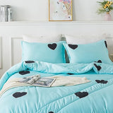 Caressma Love Pattern Girls Comforter Set Full Size, Sky Blue Cute Love Heart Print Comforter Bedding Set for All Seasons, Geometric Soft Microfiber 3 Pieces Comforter Set with Pillowcases Caressma
