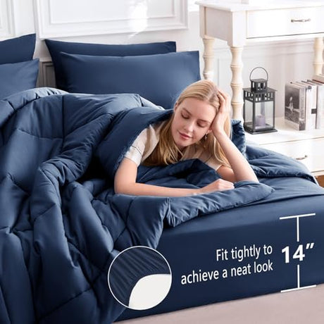 CozyLux Queen Comforter Set Navy Blue, 7 Pieces Bed in a Bag, Blue Comforter Queen Size, All Season Bedding Sets with Stitch Quilted Comforter, Flat Sheet, Fitted Sheet, Pillowcases CozyLux