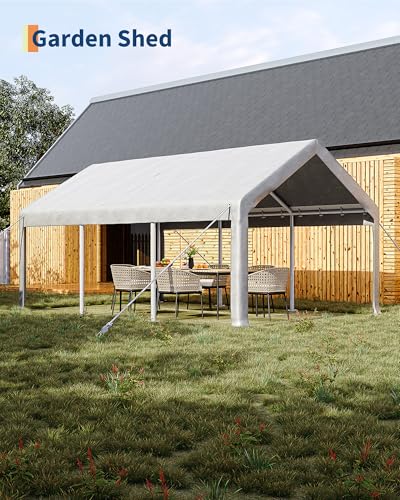 GarveeLife 12x20 ft Portable Garage, Car Port with 200 g PE Tarp Cover, with Front & Rear Roll-Up Doors and 4 Windows, for Temporary Paint Booth, Boats&Pickups Shed, and Event Shelter, White GarveeLife