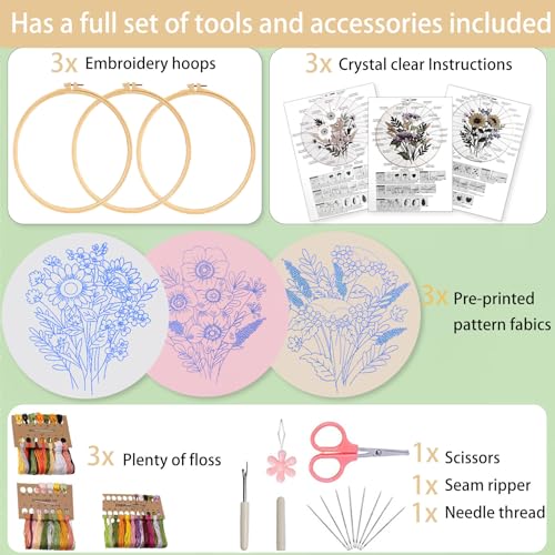 Ohcol 3 Sets Embroidery Kit for Beginners Cross Stitch Kits Needlepoint Kits Crafts for Adults with 3 Embroidery Hoops Easy-to-Follow Operating Instructions,Needle Point Kits with Flowers Patterns