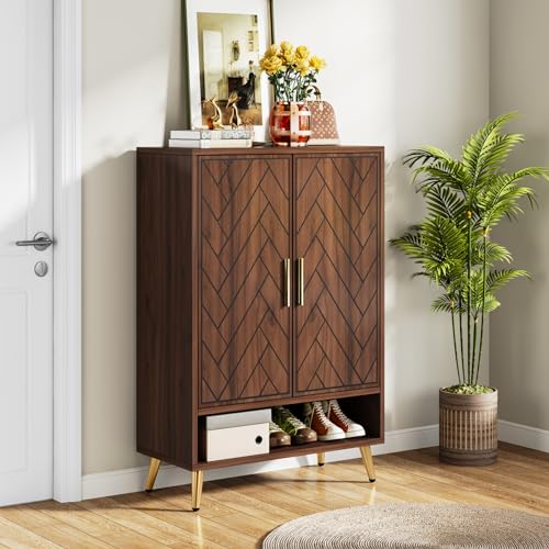 Tribesigns Shoe Cabinet with Doors, 6-Tier 18 Pairs Shoe Storage Cabinet for Entryway, Wooden Entryway Shoe Cabinet with Adjustable Shelves for Living Room, Bedroom (Walnut, Gold Legs) - WoodArtSupply