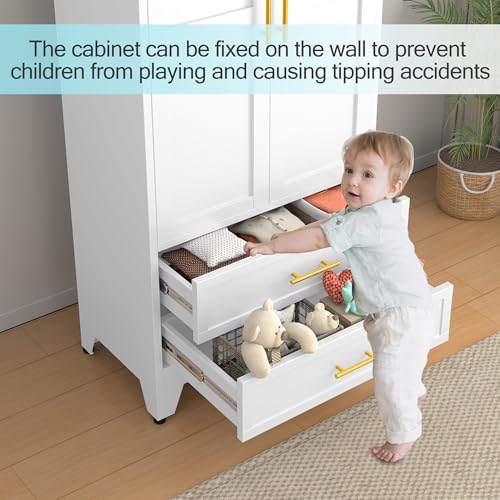 erosoei Metal Armoire Wardrobe Closet, 71 "Metal Clothing Storage Cabinet with Adjustable Shelves and Hanging Rod, Household Steel Wardrobe Storage Cabinet with Drawers erosoei