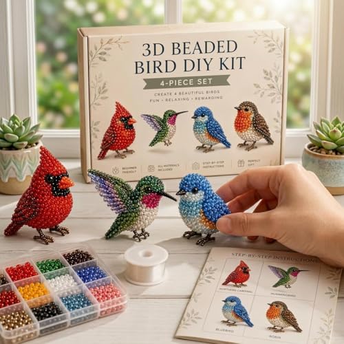 Wmool Tiny 3D Beaded Animal DIY Kit, Easy DIY Beading Embroidery Kit with 4 Cute Designs, 3D Animal Themed Beadwork Kit for Beginners & Craft Enthusiasts, with Instructions