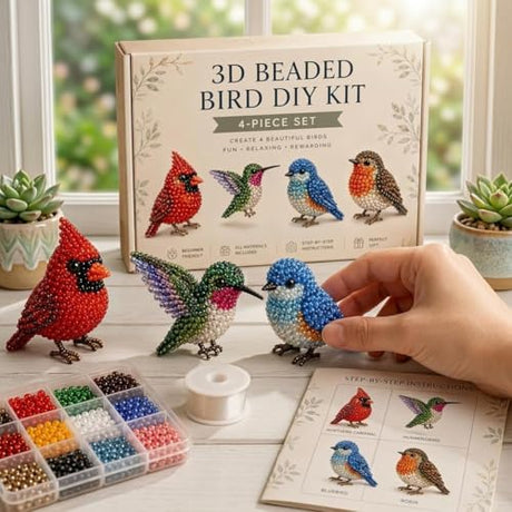 Wmool Tiny 3D Beaded Animal DIY Kit, Easy DIY Beading Embroidery Kit with 4 Cute Designs, 3D Animal Themed Beadwork Kit for Beginners & Craft Enthusiasts, with Instructions Wmool