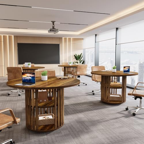 Tribesigns 47-Inch Round Conference Table for 4, Wooden Small Meeting Room Table with Storage Shelf and Solid Wood Base for Office, Conference Room, Brown Tribesigns