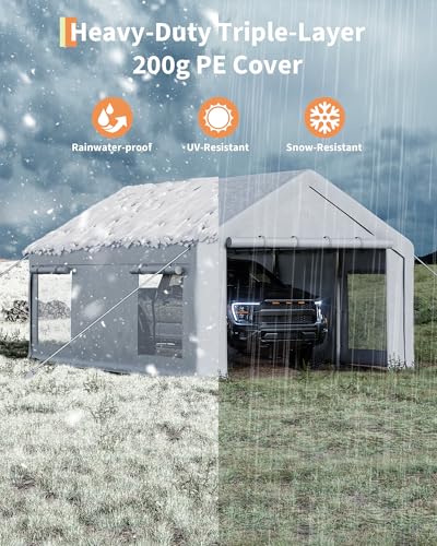 GarveeLife 10x20 ft Portable Garage, Car Port with 200 g PE Tarp Cover, with Front & Rear Roll-Up Doors and 4 Windows, for Temporary Paint Booth, Boats&Pickups Shed, and Event Shelter, White GarveeLife