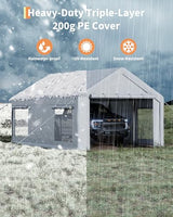 GarveeLife 10x20 ft Portable Garage, Car Port with 200 g PE Tarp Cover, with Front & Rear Roll-Up Doors and 4 Windows, for Temporary Paint Booth, Boats&Pickups Shed, and Event Shelter, White GarveeLife