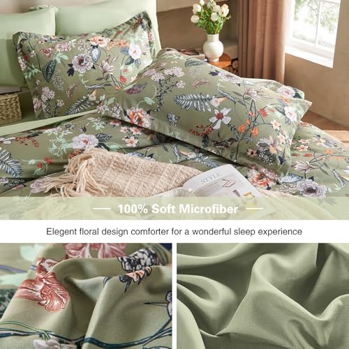 7 Piece King Comforter Set, Sage Green Butterfly Floral Comforter Set with Flowers Leaves Pattern, Soft Microfiber Complete Bedding Set for All Season(Sage Green, King) LLDSYW