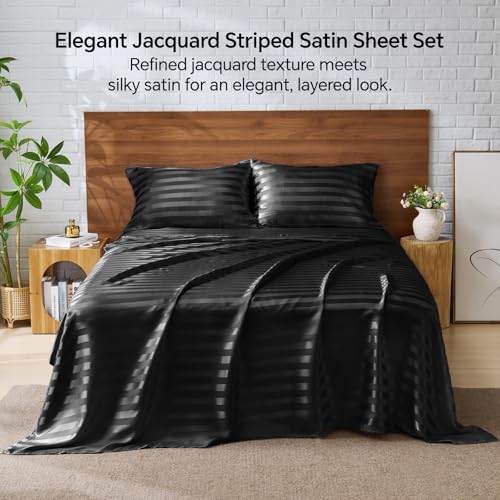 BEDELITE Satin Sheets King Size, Luxury Jacquard Striped Black Bedsheets Set with Elastic Corner Straps, Similar to Silk Sheets Set 4 PC with 1 Deep Pocket Fitted Sheet, 1 Flat Sheet, & 2 Pillowcases BEDELITE