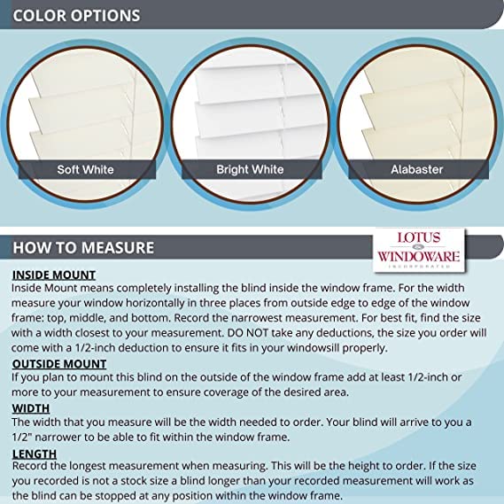 Lotus & Windoware Cordless, 2 Inch Faux Wood Blind, 31" Wide x 36" Long, Window Blinds, Blinds & Shades, Blinds for Indoor Windows, Smooth, Bright White - 31" x 36",Bright White LOTUS & WINDOWARE