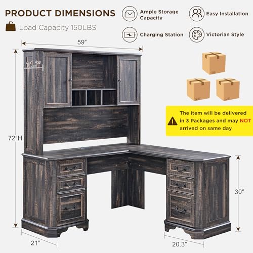 T4TREAM 59" Executive L Shaped Desk with Hutch,Victorian Wood Computer Desk, Featuring Charging Station,File Drawer, Storage Cabinet,for Home Office Work and Study (Dark Rustic Oak) T4TREAM