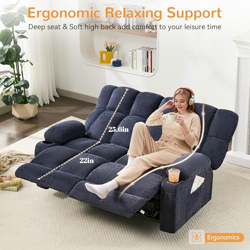 Sofetura Loveseat Recliner Sofa, Big Large Reclining Sofa with Cup Holders & Side Pockets, Traditional 2-Seater Manual Recliner Couch for Living Room, RV, Home Theater, Oversized (Fabric, Blue)