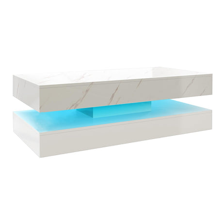 HOMFAMILIA LED Coffee Table with 2 Storage Drawers, Modern High Gloss White Coffee Table w/20 Colors LED Lights, 2 Tiers Rectangle Center Table for Living Room with Marbling Print, APP Control, White HOMFAMILIA