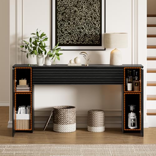FABATO 61'' Fluted Long Console Table, Wooden Rectangular Sofa Table Behind The Couch, Narrow Entryway Table with 2 Hidden Storage Cabinets for Entrance, Hallway, Living Room, Foyer, Black FABATO