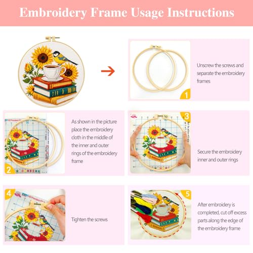 Zhenqing Sunflower Bird & Books Cross Stitch Kit with 11CT Printed Fabric 24x24cm - Includes Hoop, Pre-Sorted Threads, Needles, Instructions