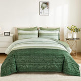 Drucon Christmas Olive Green Striped Comforter Set Queen Size 7 Pieces Reversible Bedding Set, Boho Bed in a Bag, Soft Microfiber Comforter and Sheet Set for All Season Drucon