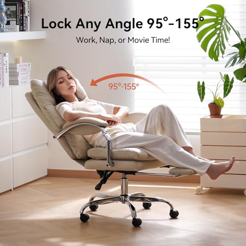 LEAGOO Office Chair with Foot Rest, Ergonomic Executive Office Chair with Arms, Reclining High Back PU Leather Comfy Swivel Computer Desk Chairs with Wheels and Lumbar Support for Home Office, Cream LEAGOO