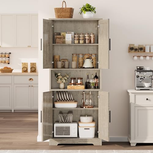 GarveeHome Tall Storage Cabinet, 70 in Kitchen Pantry Cabinet with Doors and Adjustable Shelves, Rustic Wooden Cupboard for Dining Room, Living Room,Gray GarveeHome