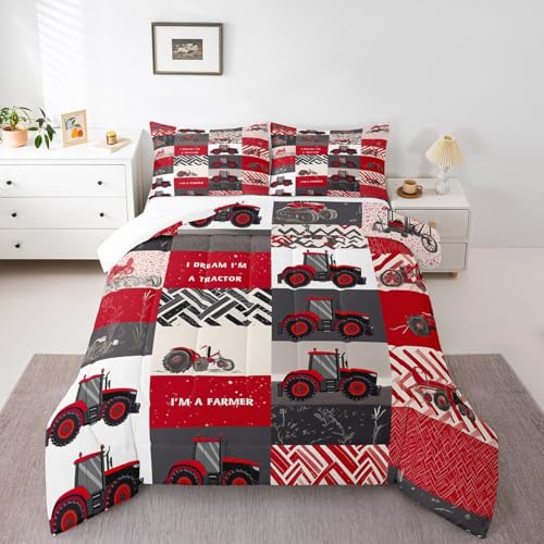 Erosebridal Kids Tractor Comforter Set for Boys Girls Red Cartoon Tractor Bedding Set Twin Farm Vehicle Truck Down Comforter Equipment Construction Duvet Insert Rustic Geometric Plaid Room Decor Erosebridal