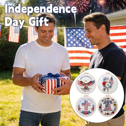 BBLYBD 4th of July Embroidery Kit, 4 Set Patriotic Cross Stitch Craft Kits for Beginners with Pre-Printed Embroidery Fabric, Hoops, Step-by-Step Instructions, Color Threads & Needles (Red White Blue)