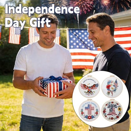 BBLYBD 4th of July Embroidery Kit, 4 Set Patriotic Cross Stitch Craft Kits for Beginners with Pre-Printed Embroidery Fabric, Hoops, Step-by-Step Instructions, Color Threads & Needles (Red White Blue) BBLYBD
