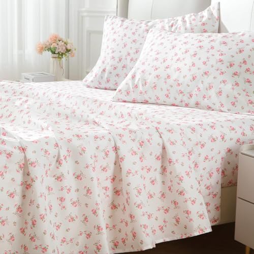 MUXHOMO Queen Size 4 Piece Sheet Set, Soft Breathable Bed Sheet Set for Bedroom with Deep Pocket Up to 16", Wrinkle-Free & Cooling Bedding for Oeko-TEX Certified - Blossoms Pink MUXHOMO