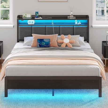 Rolanstar Queen Bed Frame with LED Lights, Upholstered Headboard, Charging Station, Storage Shelves, Heavy Duty Metal Slats, No Box Spring Needed, Noise Free, Easy Assembly, Dark Grey Rolanstar