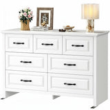Marsail Farmhouse 7 Drawer Dresser, Wood Chest of Drawers with Natural Texture, Smooth Gliding Drawers, Versatile Storage Organizer Cabinet for Bedroom & Living Room, White Marsail