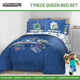 Jay Franco Kids Comforter Set Includes Sheets and Pillow Covers - Soft and Cozy Bed Set for Stylish Room Decor, Blue - Minecraft 02, 7 Piece Queen Bedding Jay Franco