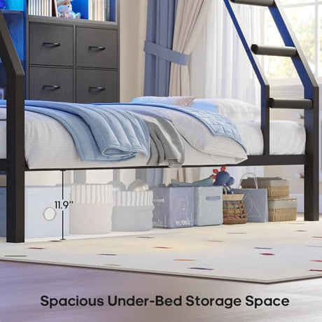 BTHFST Bunk Bed Twin Over Twin with 4 Storage Drawers & Shelves & Bedside Caddy, Twin Bunk Beds with Charging Station & LED Lights, Metal Loft Bed with Safety Guardrail & Angled Ladder, Black & Grey BTHFST