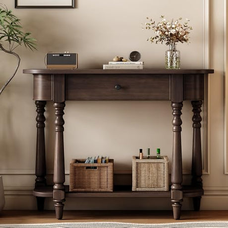 Amposei Small Curved Console Table 36-Inch Retro Farmhouse Wood Entry Sofa Table with Drawer & Storage Shelf for Living Room Hallway Entryway Furniture, Espresso Amposei
