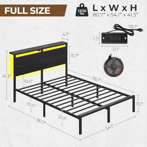 Rolanstar Full Size Bed Frame with Charging Station, LED Full Bed Frame with Wood Storage Headboard, Platform Bed with Metal Slats & Under Bed Storage, No Box Spring Needed, Noise Free, Black Oak Rolanstar
