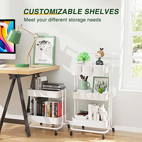LEHOM 3-Tier Rolling Utility Cart with Hanging Cups & Hooks & Handle, Plastic Art Cart Organizer Storage with Wheels, Easy Assembly for Office, Bedroom, Kitchen, Bathroom, Laundry (White) LEHOM