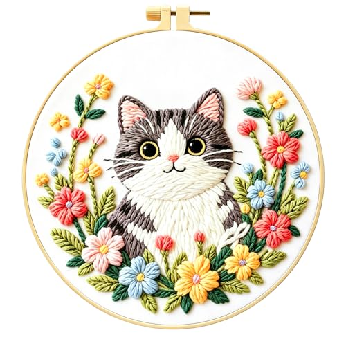 Zhenqing Kitten Embroidery Kit for Beginners, Pre-Printed 29x29cm Cotton Fabric with 20cm Hoop, Cute Cat in Flowers Design for Home Decor (C0243)