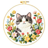 Zhenqing Kitten Embroidery Kit for Beginners, Pre-Printed 29x29cm Cotton Fabric with 20cm Hoop, Cute Cat in Flowers Design for Home Decor (C0243)