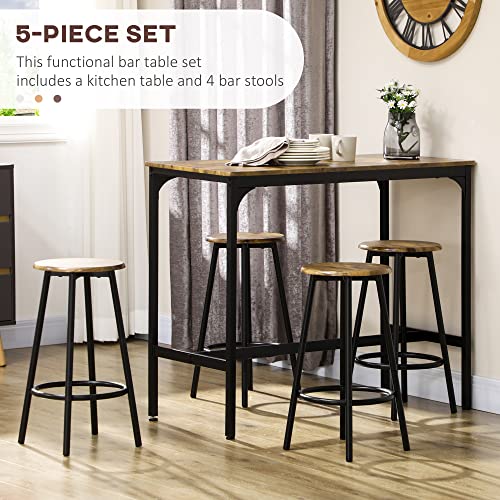 HOMCOM Rustic 5-Piece Counter Height Bar Table Set with 4 Stools - Industrial Brown Dining Ensemble HOMCOM