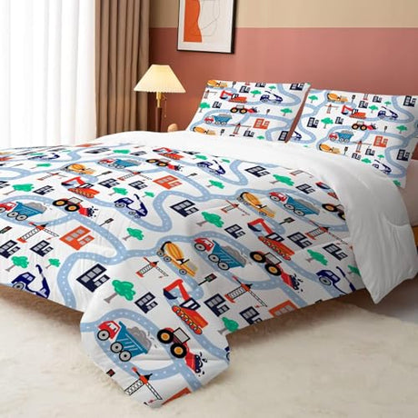 FUYEUN Cartoon Truck Comforter Set Twin: Construction Bedding Set for Boys Kids Children Bedroom Dorm White Cute Cars Quilt 1 Comforter + 1 Pillow Case FUYEUN