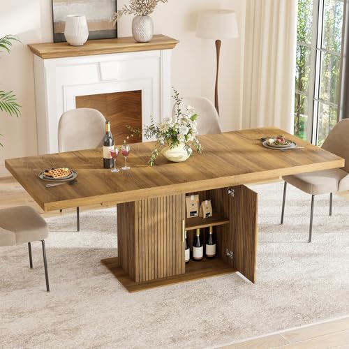 Zevemomo 62.99"-78.74" Expandable Dining Table with Storage, Extendable Dining Table for 6-10 People, Extra Hidden Storage for Tableware & Wine, Modern Farmhouse Table for Kitchen Living Room-Brown Zevemomo