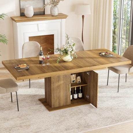 Zevemomo 62.99"-78.74" Expandable Dining Table with Storage, Extendable Dining Table for 6-10 People, Extra Hidden Storage for Tableware & Wine, Modern Farmhouse Table for Kitchen Living Room-Brown Zevemomo