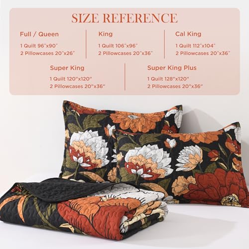 Andency Floral Boho Quilt King Size Bedding Set Black, 3 Pieces Farmhouse Flower Botanical Summer Bedspreads with 2 Shams, Soft Reversible Lightweight Microfiber Coverlet Set for All Season, 106"x96" Andency