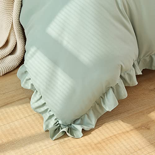 JANZAA Twin Comforter Set Sage Green Comforter Set 2PCS Ruffled and 1 Pillow Case Fluffy Vintage Farmhouse Shabby Chic Bedding Soft All Season JANZAA