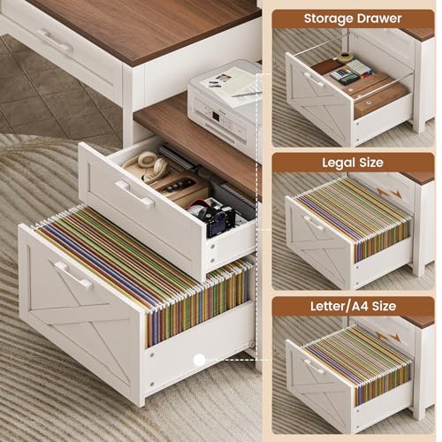 SEDETA Farmhouse Home Office Desk with File Drawer & Power Outlet, Computer Desk with 4 Drawer, Storage Shelves, Printer Cabinet and Monitor Shelf, Gaming Desk with Led Lights, White SEDETA