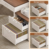 SEDETA Farmhouse Home Office Desk with File Drawer & Power Outlet, Computer Desk with 4 Drawer, Storage Shelves, Printer Cabinet and Monitor Shelf, Gaming Desk with Led Lights, White SEDETA