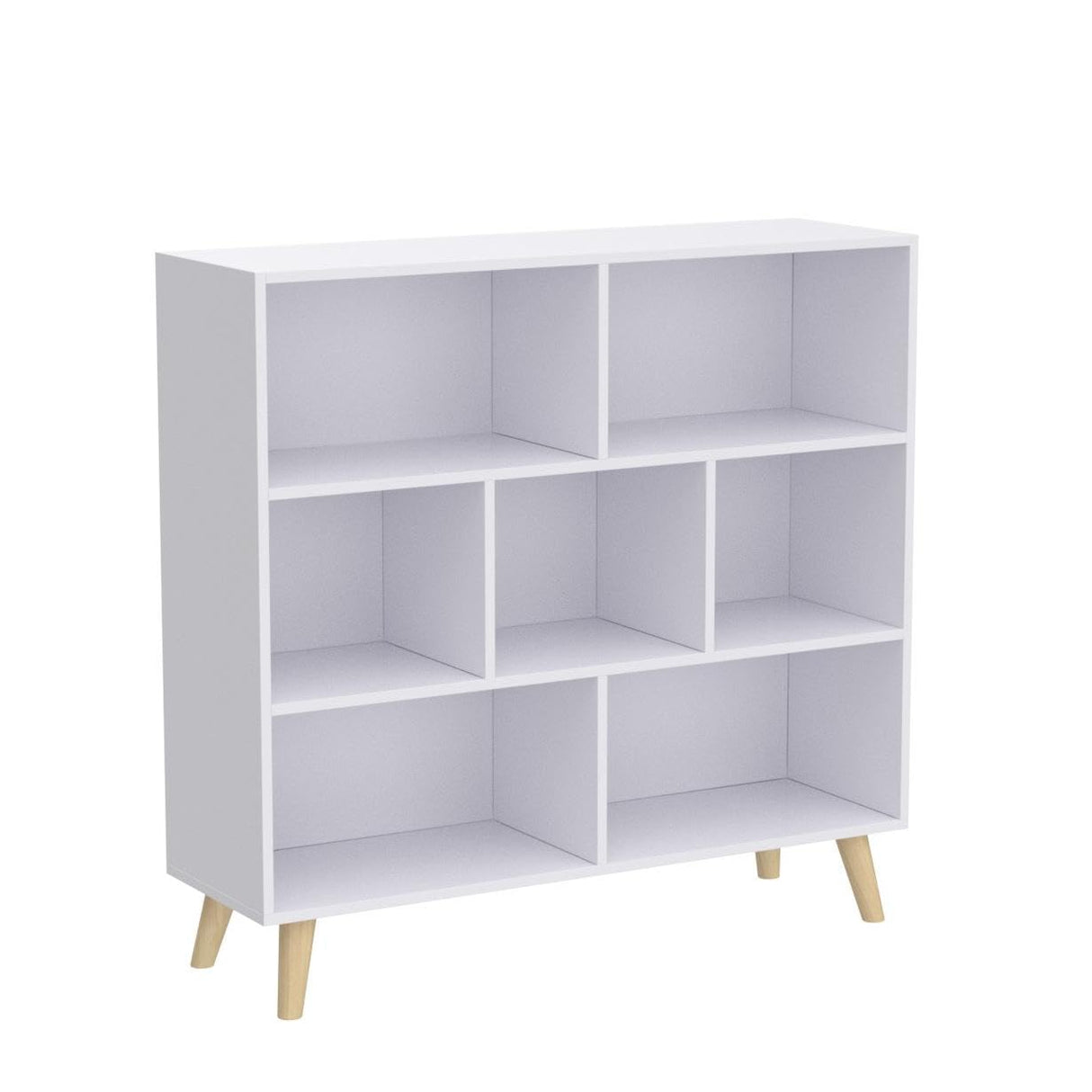 IOTXY Wooden Open Shelf Bookcase - 3-Tier Floorstanding Display Cabinet Rack with Legs, 7 Cubes Free Standing Bookshelf, Warm White IOTXY