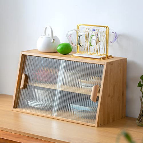 HollyHOME Small Bamboo Kitchen Pantry Sideboard with 2 Glass Doors and Adjustable Shelf, Freestanding Countertop Storage Cabinet for Bottles, Dish, Bowl, Console Dining Cupboard, Burlywood HollyHOME