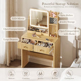 Memobarco Fluted Vanity Desk with Mirror and Lights, Small Makeup Vanity with 2 Drawers and Jewelry Storage Cabinet, 3 Lighting Modes Adjustable Brightness, Dressing Table for Bedroom - Natural Oak Memobarco