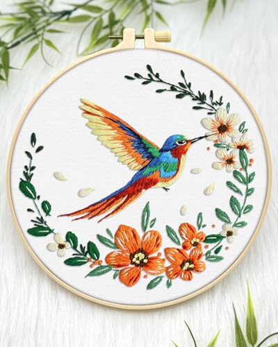 ERKOON Embroidery Kit for Beginners, Hummingbird and Flower Cross Stitch Set for Include Embroidery Cloth Hoops Threads for Craft Lover Hand Stitch (Colorful Hummingbird) ERKOON