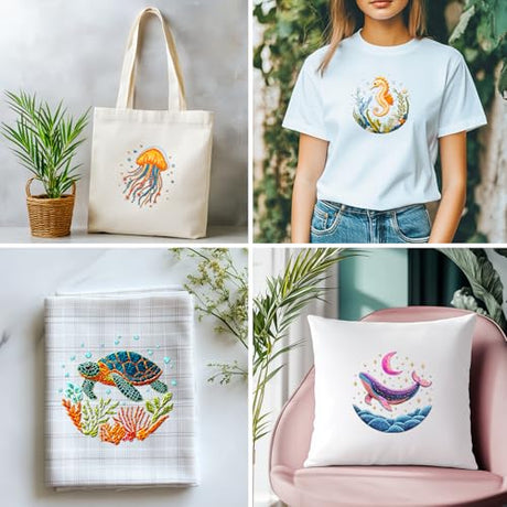 ACRNIGHEET 6PCS Embroidery Kit for Adults Beginners, Sea Animals Embroidery Starter Kit, Stamped Cross Stitch Kits for Crafts Lovers Gift Idea, Include Instructions 6 Stamped Embroidery Cloth 2 Hoop ACRNIGHEET