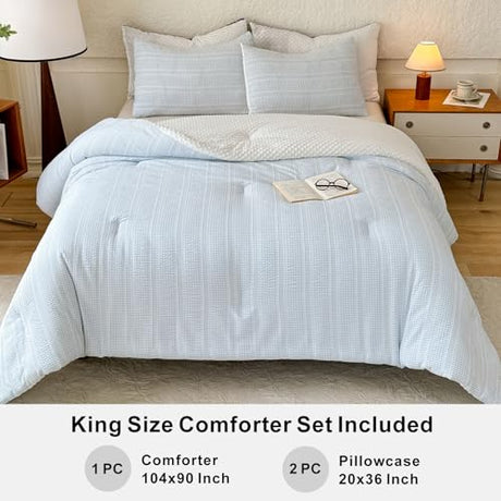 tohrisa Boho Comforter Set King Size - 3 Pieces Lightweight Jacquard Seersucker Bedding Sets (1 Soft Fluffy Grid Comforter & 2 Pillowcases) - All Seasons Cozy Modern Bed Set(104"x90" Sky Blue) tohrisa